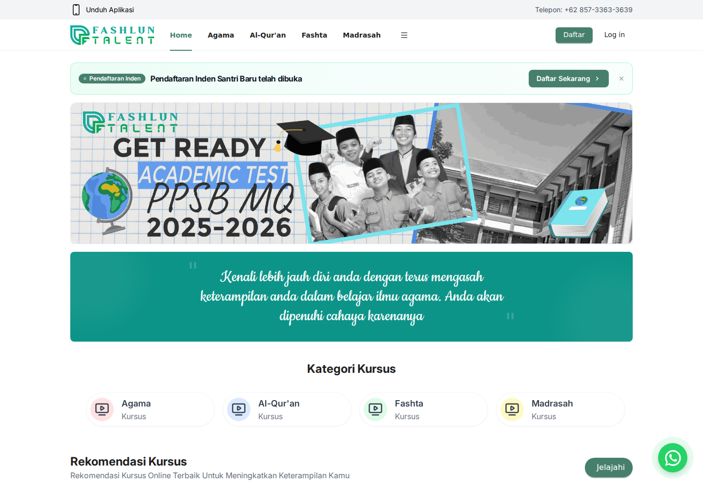 Fashta learning platform with course categories for Islamic education and academic subjects