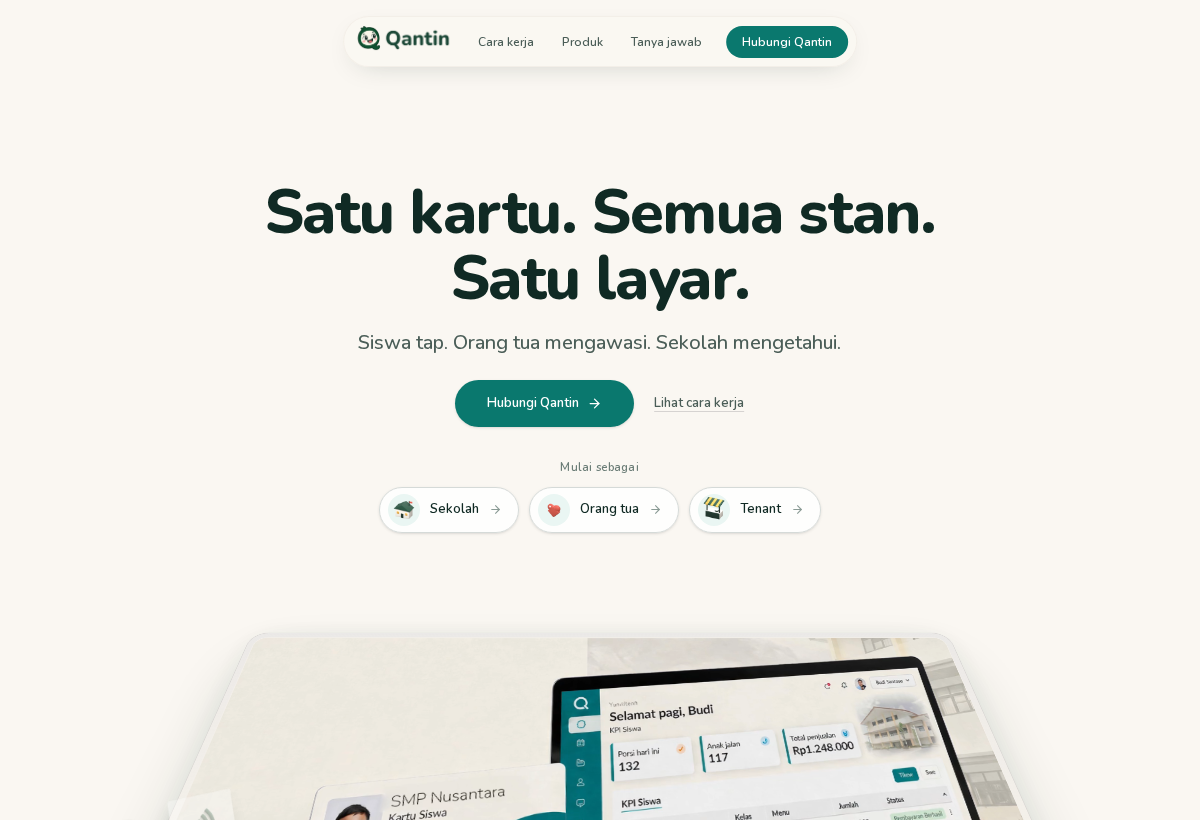qantin.id website introducing its digital school canteen platform